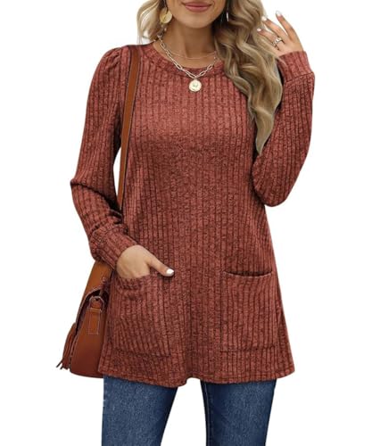 GUCURIN Pullover Damen Herbst Winter Elegant Lang Shirt Langarm Rundhals Strickpullover mit Taschen Sweatshirt Lose Oberteil, Ziegelrot, L von GUCURIN