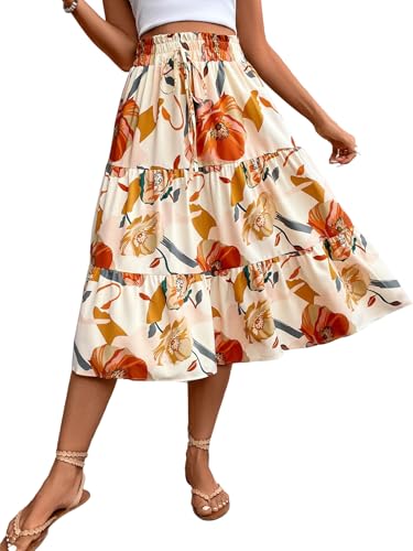 GUCURIN Rock Damen Sommer Midi Lang Röcke Hohe Taille Elastische Elegante Casual A-Line Langrock Strandrock,Beige,M von GUCURIN