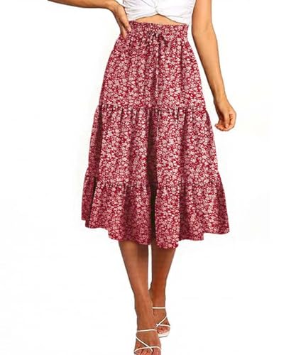 GUCURIN Rock Damen Sommer Midi Lang Röcke Hohe Taille Elastische Elegante Casual A-Line Langrock Strandrock,Rote Blumen,XL von GUCURIN
