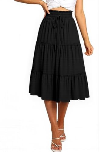 GUCURIN Rock Damen Sommer Midi Lang Röcke Hohe Taille Elastische Elegante Casual A-Line Langrock Strandrock,Schwarz，S von GUCURIN