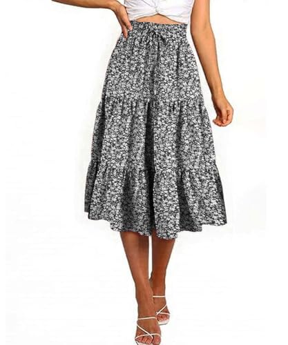 GUCURIN Rock Damen Sommer Midi Lang Röcke Hohe Taille Elastische Elegante Casual A-Line Langrock Strandrock,Schwarze Blumen,L von GUCURIN
