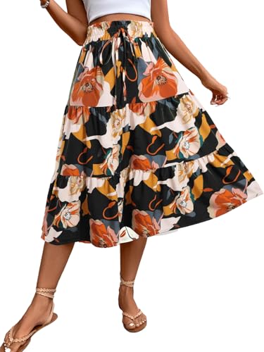 GUCURIN Rock Damen Sommer Midi Lang Röcke Hohe Taille Elastische Elegante Casual A-Line Langrock Strandrock,Schwarzer Druck,L von GUCURIN
