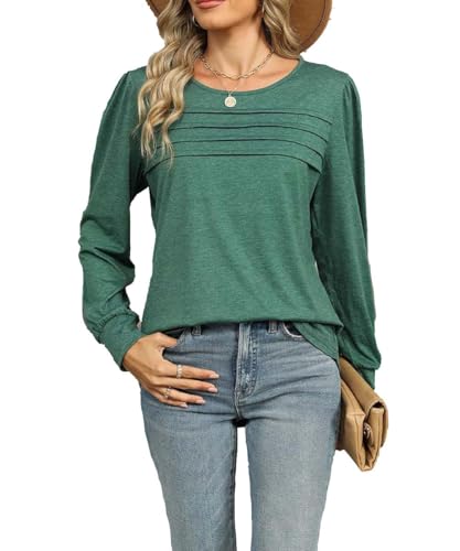 GUCURIN Shirt Damen Bluse Langarm Rundhals Oberteil Einfarbig Hemd Lässig Tuniken Weich Atmungsaktiv Tops Ferien Alltag Büro, Dunkelgrün, XL von GUCURIN