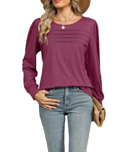 GUCURIN Shirt Damen Bluse Langarm Rundhals Oberteil Einfarbig Hemd Lässig Tuniken Weich Atmungsaktiv Tops Ferien Alltag Büro, Rosa Lila, M von GUCURIN