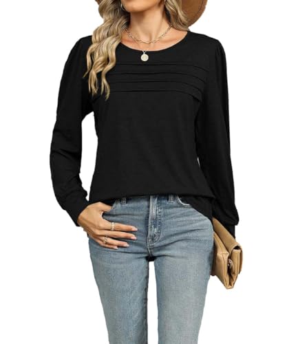 GUCURIN Shirt Damen Bluse Langarm Rundhals Oberteil Einfarbig Hemd Lässig Tuniken Weich Atmungsaktiv Tops Ferien Alltag Büro, Schwarz, XL von GUCURIN