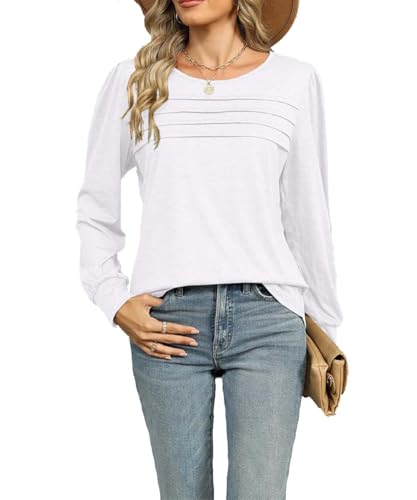 GUCURIN Shirt Damen Bluse Langarm Rundhals Oberteil Einfarbig Hemd Lässig Tuniken Weich Atmungsaktiv Tops Ferien Alltag Büro, Weiß, XL von GUCURIN
