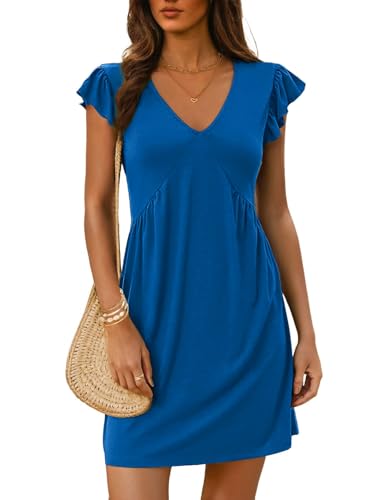 GUCURIN Sommerkleid Damen V-Ausschnitt Schicke A-Linie Freizeitkleid Rüschen Ärmel Kurz Kleid Hohe Taille Sommer Strandkleid, Blau, L von GUCURIN