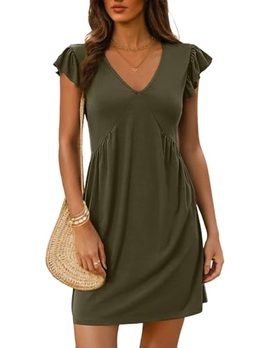 GUCURIN Sommerkleid Damen V-Ausschnitt Schicke A-Linie Freizeitkleid Rüschen Ärmel Kurz Kleid Hohe Taille Sommer Strandkleid, Armeegrün, XL von GUCURIN