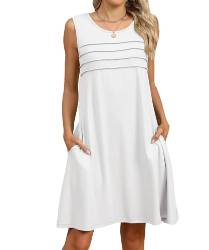 GUCURIN Sommerkleid mit Taschen Rundhals Ärmellos Bedruckt/Einfarbig Tank Freizeitkleid Strandkleid Kurz Damen Kleid, Weiß, XXL von GUCURIN