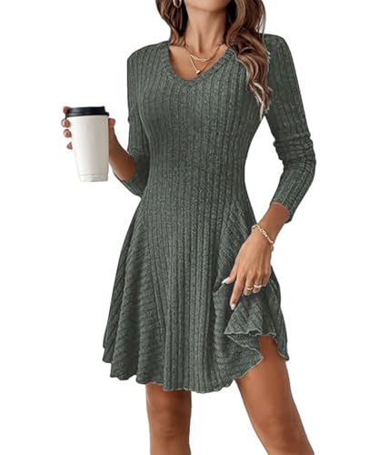 GUCURIN Strickkleid Damen Herbst Langarm Kleid A-Linie V Ausschnitt Lang Kleider Winter Pulloverkleid, Dunkelgrün, M von GUCURIN