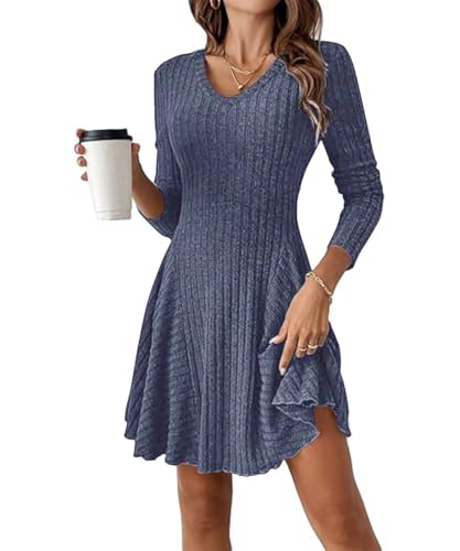 GUCURIN Strickkleid Damen Herbst Langarm Kleid A-Linie V Ausschnitt Lang Kleider Winter Pulloverkleid, Blau, XXL GUCURIN Strickkleid Damen Herbst Langarm Kleid A-Linie V Ausschnitt Lang Kleider Winter Pulloverkleid, Blau, XXL von GUCURIN