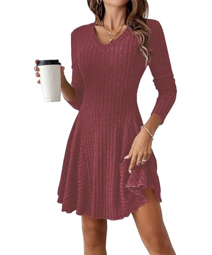 GUCURIN Strickkleid Damen Herbst Langarm Kleid A-Linie V Ausschnitt Lang Kleider Winter Pulloverkleid, Burgunderrot, XXL GUCURIN Strickkleid Damen Herbst Langarm Kleid A-Linie V Ausschnitt Lang Kleider Winter Pulloverkleid, Burgunderrot, XXL von GUCURIN