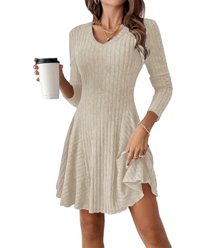 GUCURIN Strickkleid Damen Herbst Langarm Kleid A-Linie V Ausschnitt Lang Kleider Winter Pulloverkleid, Beige, XL von GUCURIN