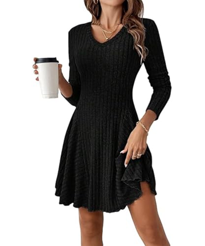 GUCURIN Strickkleid Damen Herbst Langarm Kleid A-Linie V Ausschnitt Lang Kleider Winter Pulloverkleid, Schwarz, XXL GUCURIN Strickkleid Damen Herbst Langarm Kleid A-Linie V Ausschnitt Lang Kleider Winter Pulloverkleid, Schwarz, XXL von GUCURIN