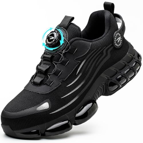GUDECIUS Arbeitsschuhe Sicherheitsschuhe Herren Damen Leicht Sportlich Drehknopf Selbsthemmend Schnellverschluss Stahlkappenschuhe Bequeme Outdoor Sportschuhe Schwarz 43 EU von GUDECIUS