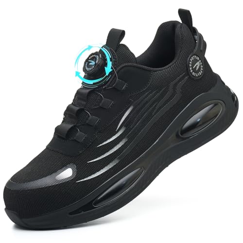 GUDECIUS Stahlkappenschuhe Damen Arbeitsschuhe Sicherheitsschuhe Herren Leicht mit Stahlkappe Drehknopf Anti-Smash Atmungsaktiv Arbeitsschutzschuhe Unisex Schwarz 38 EU von GUDECIUS