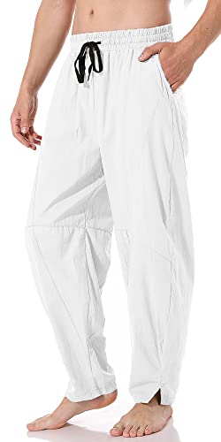 GUDEUBAI Herrenhose aus Leinen, locker, leger, leicht, elastische Taille, Sommer, Strand, Weiß, 54 von GUDEUBAI