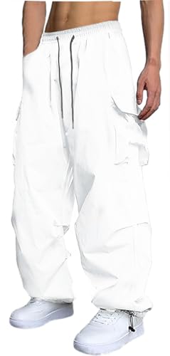 GUDEUBAI Lässige Cargohose für Herren, elastische Taille, Kordelzug, Street-Hop-Hose mit Taschen, Weiss/opulenter Garten, 48 von GUDEUBAI