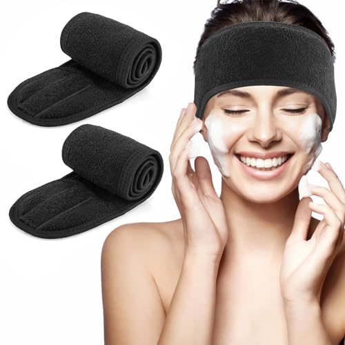 Haarbänder aus Mikrofaser mit Klebrig Tape – breites schwarzes Haarband, waschbar und verstellbar, ideales Zubehör für Make-up, Gesichtspflege, Spa, Sport und Yoga, Damen, Mädchen, Herren, 2 Stück von GUDQVOZIHG