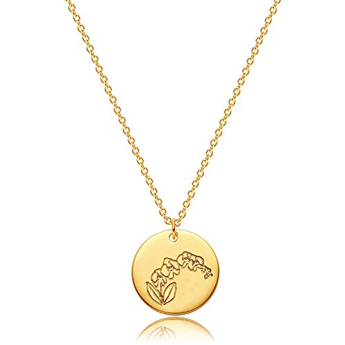 GUEMER Halskette mit Blumen-Anhänger zum 12. Geburtsmonat, 14 Karat vergoldet, zierlich, einfach, Monat, Geburt, Blumenscheibe, Gravur, Münzkette, minimalistisch, zart, personalisierbar, Schmuck von GUEMER