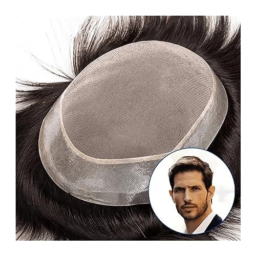 Perücken für Männer Herren-Toupet, Echthaar-Toupet, feines Mono und weicher Pu-Perimeter, Herren-Toupet, atmungsaktiv, männliche Haarprothese, Kapillare, 15,2 cm, glattes Haar, Systemeinheiten (#1B) T von GUERNSEY