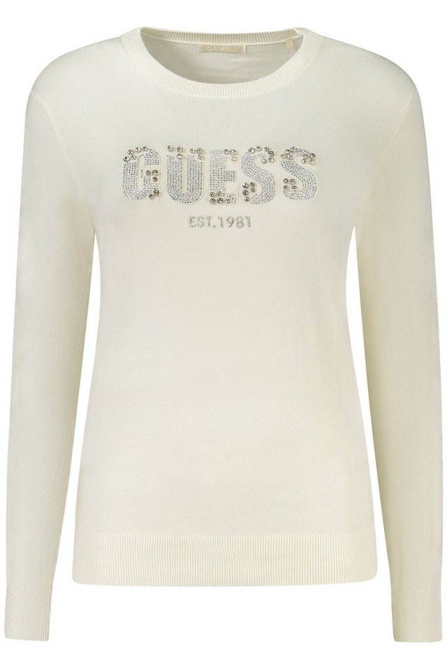GUESS JEANS Strickpullover Eleganter Damenpullover: Weiß, Rundhals, Strass & Stickerei von GUESS JEANS
