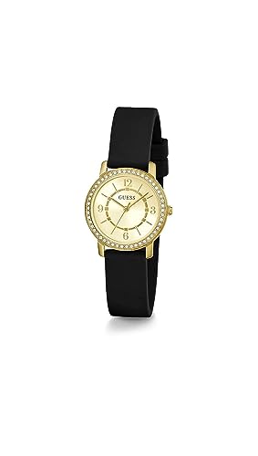GUESS Damen-Armbanduhr, 28 mm, schwarzes Armband, champagnerfarbenes Zifferblatt, goldfarbenes Gehäuse, Schwarz, one von GUESS
