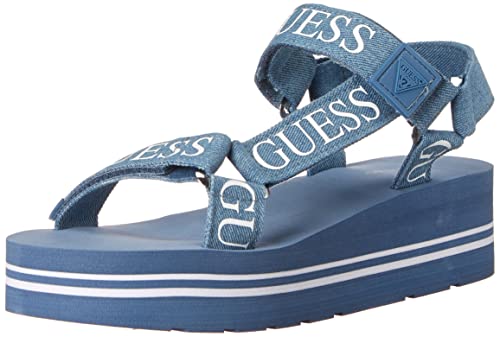 GUESS Damen Avin Keilsandale, Blau+weißer Denim, 38 EU von GUESS