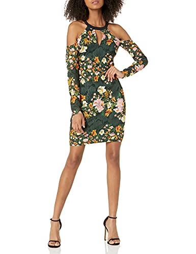 GUESS Damen Printed Lace Cold Shoulder Long Sleeve Dress with Keyhole Cocktailkleid, Olive, 4-16 von GUESS