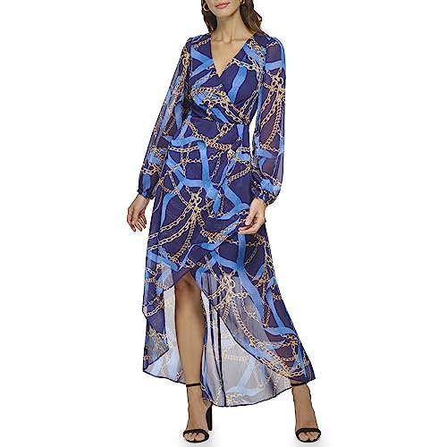 GUESS Damen Langarm Schal Print Chiffon Maxikleid, Tinte Multi, 34 von GUESS