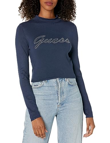 GUESS Damen Langarm Strass Logo Pullover, Geschwärztes Blau, X-Klein von GUESS