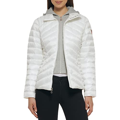 GUESS Damen Packbare Pufferjacke mit Kapuze Daunenalternative Mantel, Weiß/Grau (Heather Grey), XL von GUESS