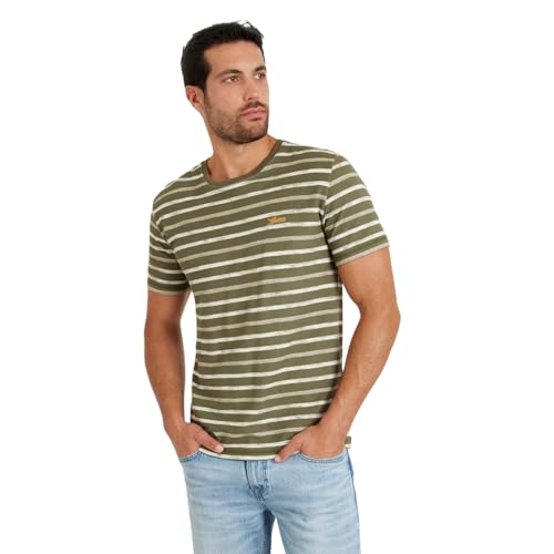 GUESS Gestreiftes T-Shirt aus reiner Baumwolle, Oliv/Hasel/Pearl Wh, L GUESS Gestreiftes T-Shirt aus reiner Baumwolle, Oliv/Hasel/Pearl Wh, L von GUESS