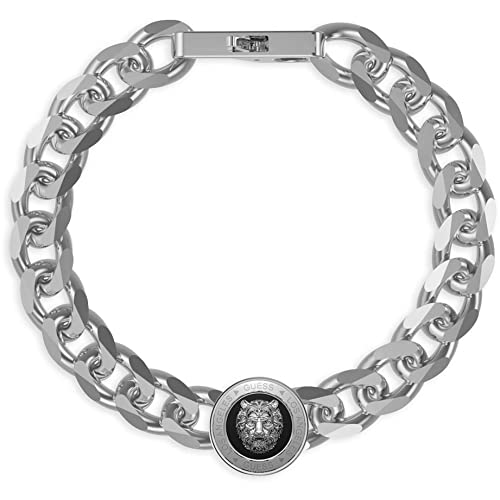 Guess Herren-Armband aus der Kollektion Lion King. Armband aus Stahl mit Löwen-Symbol, 14 mm, Farbe Stahl und Schwarz. Größe: L. Die Referenz lautet jumb01309jwstbkl von GUESS