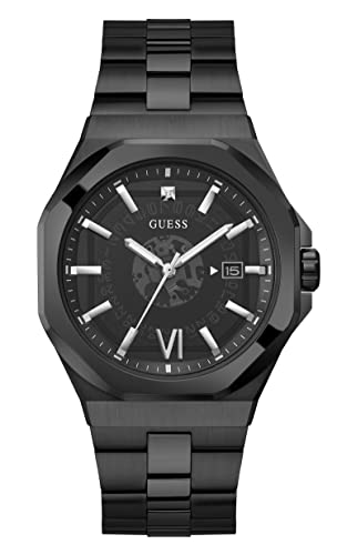 GUESS Herrenuhr, 42 mm, schwarzes Armband, schwarzes Zifferblatt, schwarzes Gehäuse, Schwarz, Armband von GUESS