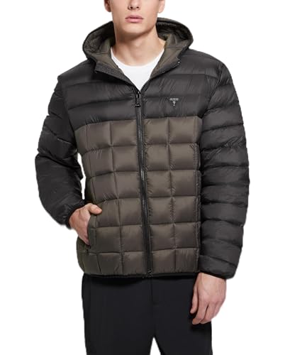 GUESS Herren Jacob Quilted Pack Kapuzenjacke, Schwarz-Oliv-Blockierung, XL von GUESS