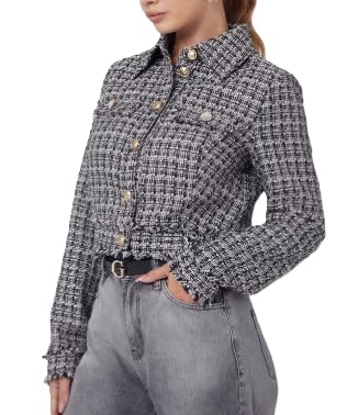 GUESS Jacke Tweed Schwarz und Weiß Cropped, weiß/schwarz, M Kurz von GUESS