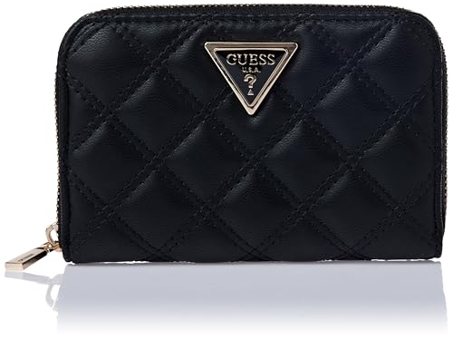 GUESS Kleine Geldbörse mit Reißverschluss, Diamantpolsterung, Schwarz, dreieckiges Logo von GUESS