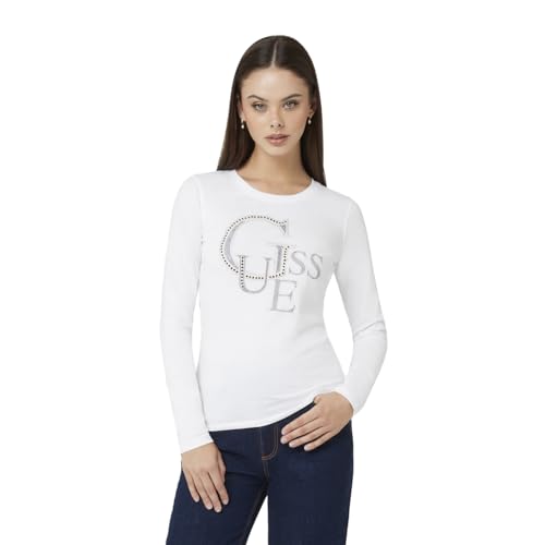 GUESS Langarm-T-Shirt mit Rundhalsausschnitt und großem Strass-Logo in der Mitte. Regular Fit (IT, Text, XL, Regular, Regular, Weiß), Weiß, X-Large von GUESS