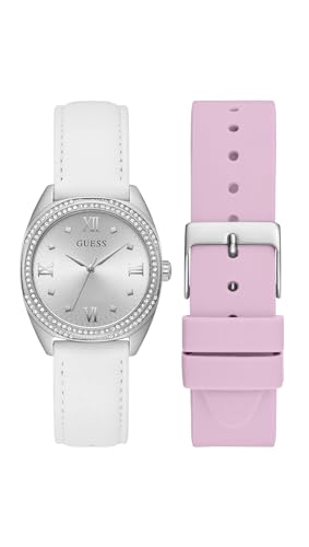 GUESS P SLV CS W/CRYS/SUN SLV DL/WHT SMTH LTR STRP/PINK SMTH SILICONE STRP, Silber von GUESS