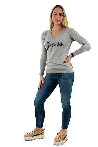 GUESS V-Kragen-Pullover mit Strass-Logo, Grau, uni(lmgy), Gr. XS von GUESS