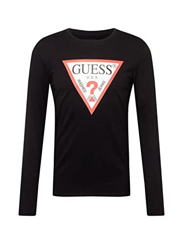 Guess Herren CN LS ORIGINAL Logo Shirt, Schwarz/Hellrot/Weiß, L von GUESS