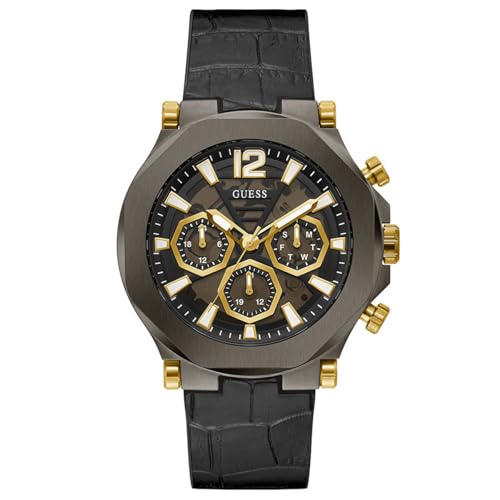 Guess Herren Quartz-Multifunktion Armbanduhr mit schwarz analog Zifferblatt und schwarz Lederarmband Armband GW0492G1 von Guess