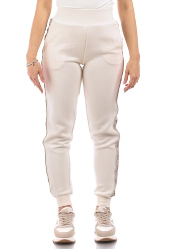 Guess Jogger Hose mit seitlichem Logo, gekennzeichnet durch mittlere Taille, Bein mit Gummizug am Saum, reguläre Passform und elastischer Bund. Hergestellt aus Milano-Stoff mit B., cremefarben, S von GUESS