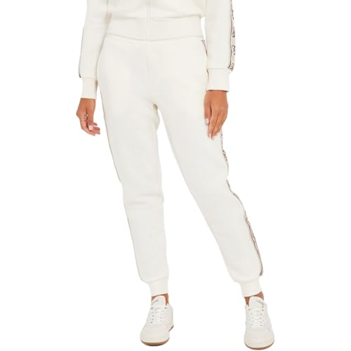 GUESS Jogginghose mit seitlichem Logo, mit mittlerer Taille, Bein mit Gummizug am Boden, reguläre Passform. und elastischer Bund aus Punktemailand-Stoff mit B., cremefarben, XS von GUESS