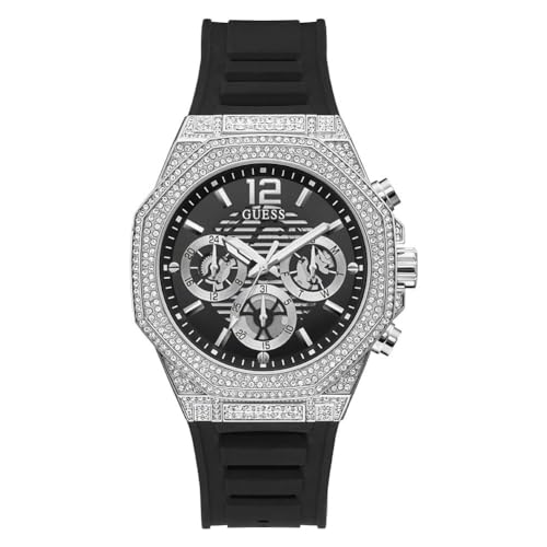 GUESS US Men's Silver-Tone and Black Silicone Multifunction Watch, schwarz, GW0518G1 von GUESS