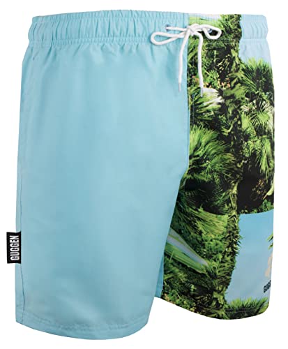 GUGGEN Mountain Badehose für Herren Schnelltrocknende Badeshorts 1601 mit Kordelzug Beachshorts Boardshorts Schwimmhose Männer mit Palmen Gruen Blau M von GUGGEN Mountain