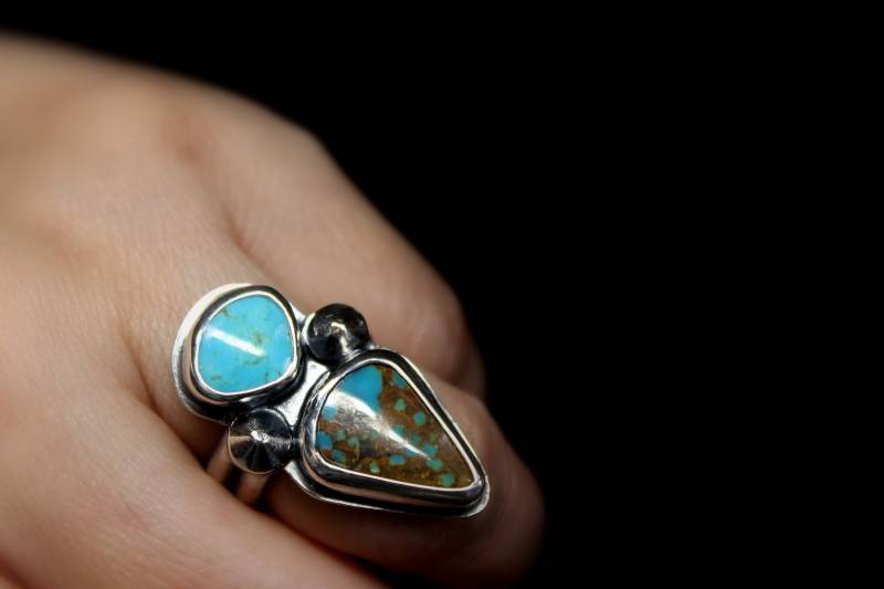 Grösse 7.25 - Zwei Stein Pilot Berg Türkis Sterling Silber Ring | 2 Statement Gugma Schmuck von GUGMA