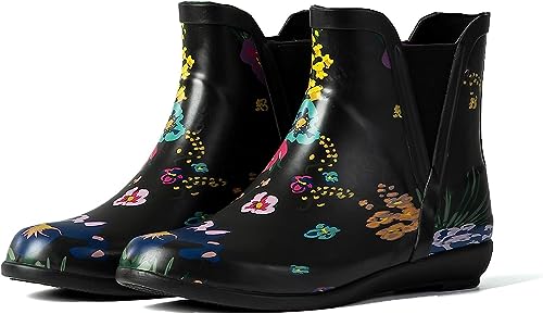 GUGUMIMI Damen Gummistiefel,Kurze Gummistiefel für Frauen,Wasserdichte Damen Gummistiefel mit originellem Aufdruck (Black Flower, adult, women, numeric_37, numeric, eu_footwear_size_system, medium) von GUGUMIMI