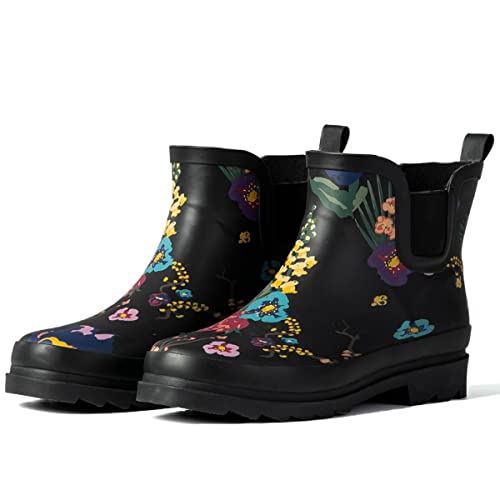 GUGUMIMI Kurz Gummistiefel Damen Gefüttert- Wasserdicht Regenstiefel Gleitfest Gummi Stiefel Stiefeletten Regen Boots Mode Gartenschuhe Schnee Schlupfstiefel Winter, Schwarze Blumen, 37 EU von GUGUMIMI